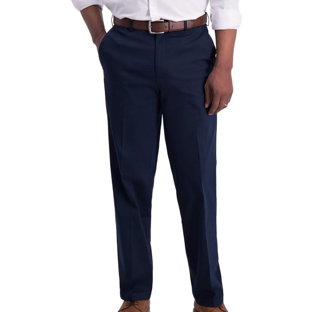 Haggar Iron Free Premium Khaki Classic Flat Front Expand Waist Navy Blue 34x29